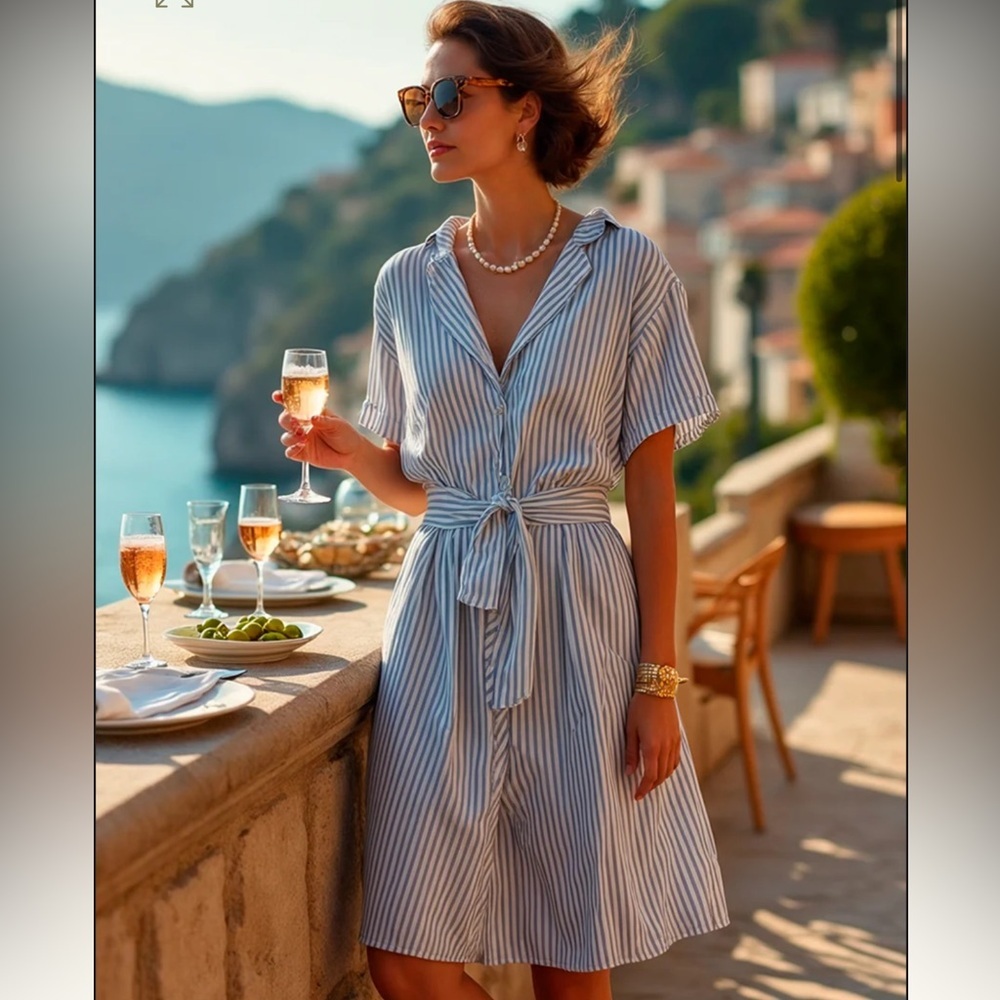 EMPIRE 89 Cotton Blue and White Striped Shirt Dress. Size M . New